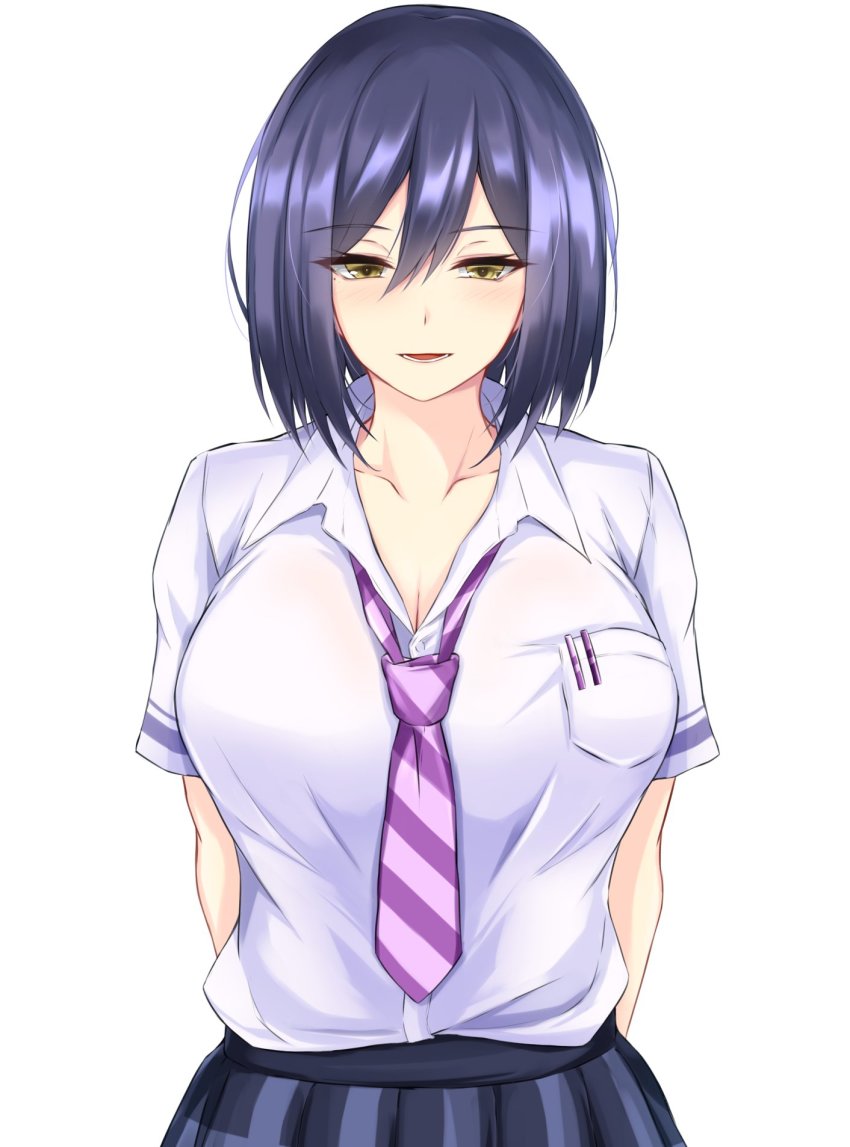 1girl, :d, arms_behind_back, blue_hair, blue_skirt, breast_pocket, breasts, cleavage