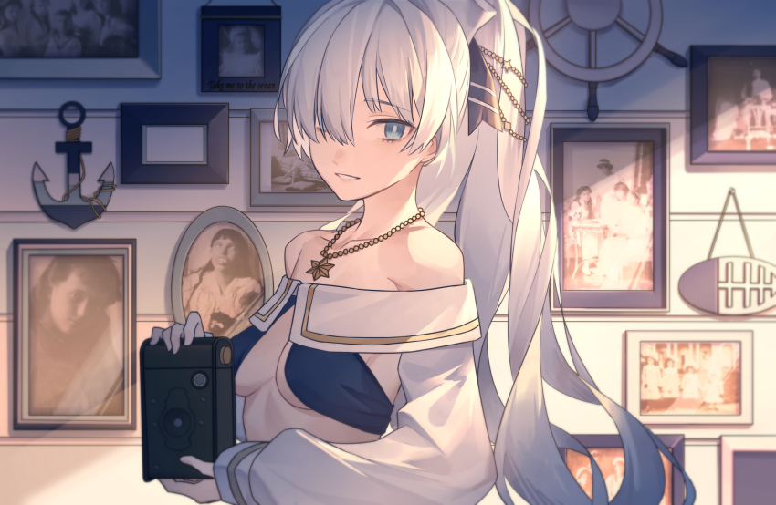 1girl, anastasia_(fate), anchor, bare_shoulders, blue_eyes, breasts, bright_pupils, camera