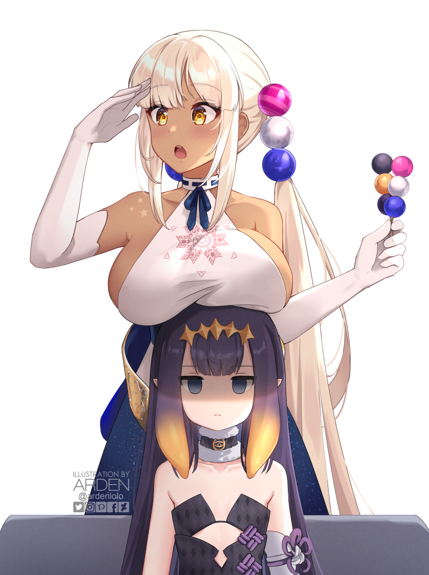 2girls, :o, ardenlolo, artist_name, bare_shoulders, black_dress, blonde_hair, blue_eyes, blue_ribbon, blue_skirt, blunt_bangs, blush, breast_conscious, breast_envy, breast_rest, breasts, breasts_on_head, closed_mouth, collarbone, commentary, commentary_request, completely_unamused, dango, dark-skinned_female, dark_skin, diamond_hairband, dress, elbow_gloves, empty_eyes, expressionless, flat_chest, food, fur-trimmed_collar, fur_collar, fur_trim, gloves, gradient_hair, hair_bobbles, hair_ornament, holding, holding_food, hololive, hololive_english, large_breasts, long_hair, mixed-language_commentary, multicolored_hair, multiple_girls, ninomae_ina'nis, ninomae_ina'nis_(1st_costume), no_headgear, open_mouth, orange_hair, pointy_ears, purple_hair, ribbon, ribbon_trim, shaded_face, sideboob, simple_background, skirt, star_(symbol), strapless, strapless_dress, tentacle_hair, tsukumo_sana, tsukumo_sana_(1st_costume), twintails, unamused, upper_body, very_long_hair, virtual_youtuber, wagashi, white_background, white_gloves, yellow_eyes