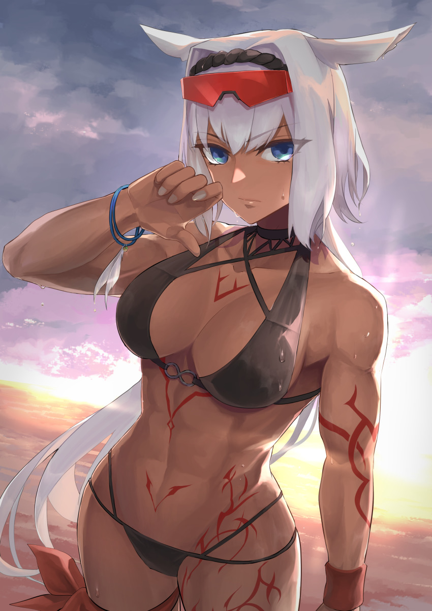 1girl, abs, absurdres, animal_ears, backlighting, bare_shoulders, beach, biceps, bikini, black_bikini, blue_eyes, body_markings, breasts, caenis_(fate), caenis_(swimsuit_rider)_(fate), caenis_(swimsuit_rider)_(first_ascension)_(fate), cleavage, collarbone, fate/grand_order, fate_(series), goggles, gradient_sky, grey_sky, hairband, hakohako-does, highres, large_breasts, long_hair, looking_at_viewer, muscular, muscular_female, navel, orange_sky, sky, solo, sunset, swimsuit, thighs, toned, twilight, very_long_hair, wet, white_hair