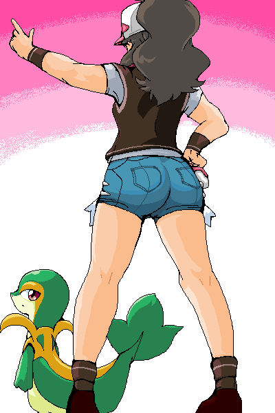 1girl, ass, brown_hair, denim, denim_shorts, from_behind, gen_5_pokemon, hat