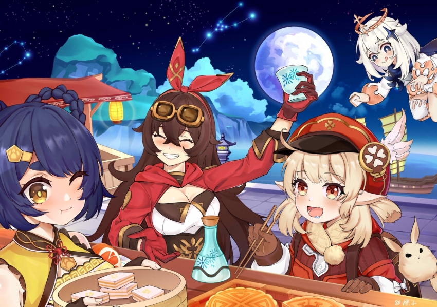 4girls, :d, ;d, ^_^, amber_(genshin_impact), arm_up, backpack, bag