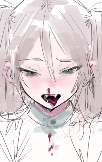 1girl, aqua_eyes, blonde_hair, blood, close-up, dripping, eyebrows, fangs