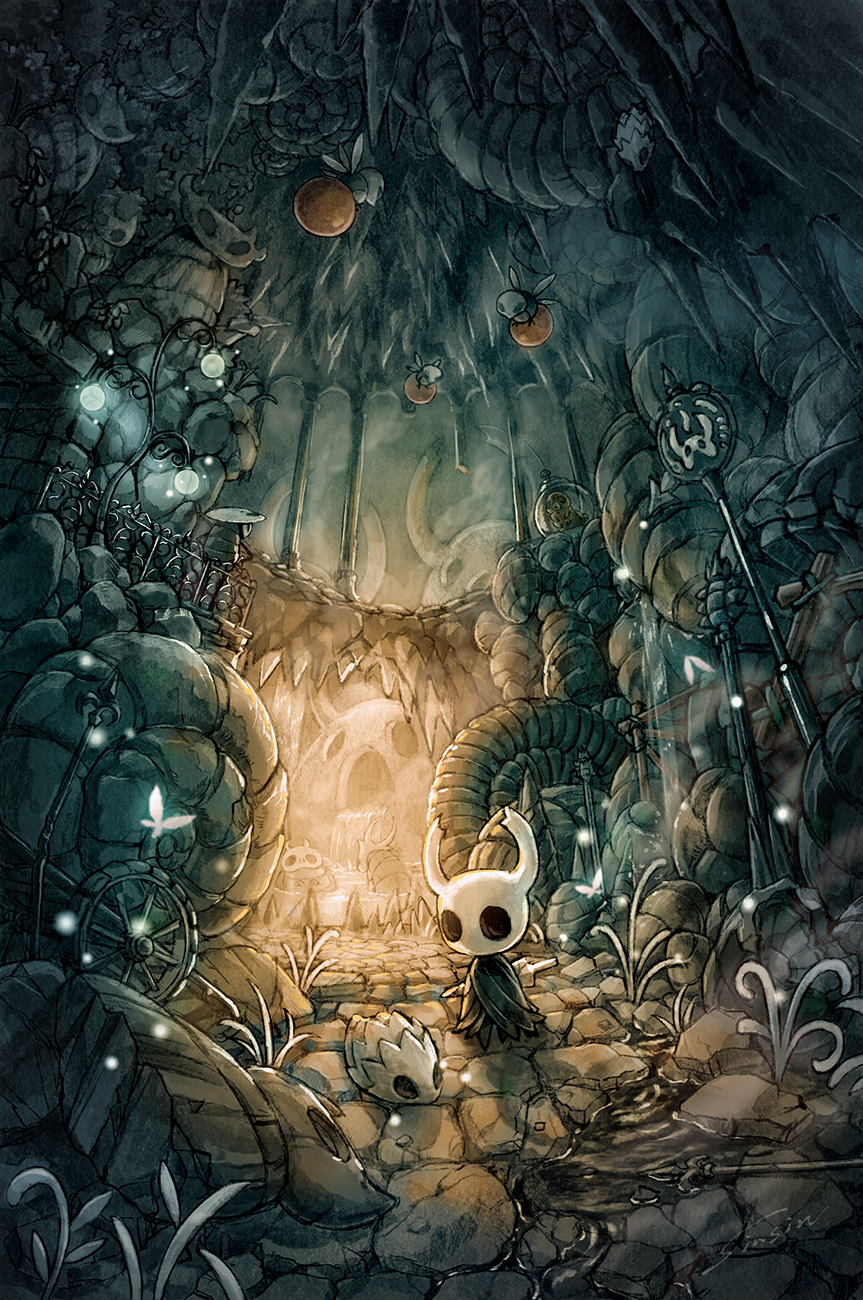 1boy, 1other, aspid_hunter_(hollow_knight), bathing, beetle, bug, butterfly, cave, cave_interior, column, commentary_request, fossil, glowing, grub_(hollow_knight), highres, hollow_knight, insect, knight_(hollow_knight), lamppost, lance, mamoru_mikokoro, nail_(hollow_knight), old_nail_(hollow_knight), onsen, pillar, plant, polearm, puddle, quirrel, railing, rock, scenery, signature, stalactite, standing, statue, stick, stone_walkway, tiktik_(hollow_knight), water, waterfall, weapon, wheel, wide_shot