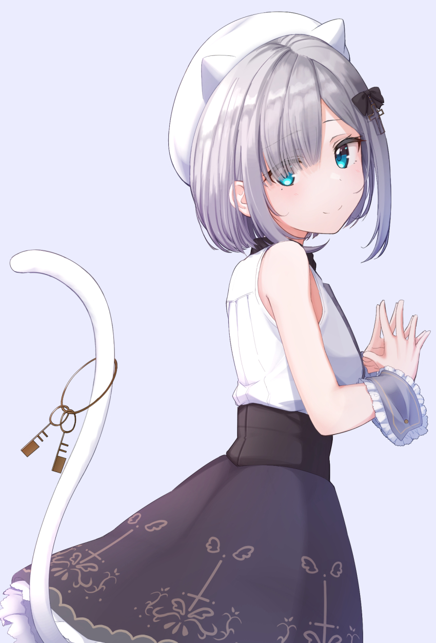 1girl, animal_ears, animal_hat, bare_shoulders, basa_rutan, beret, black_skirt, blue_eyes