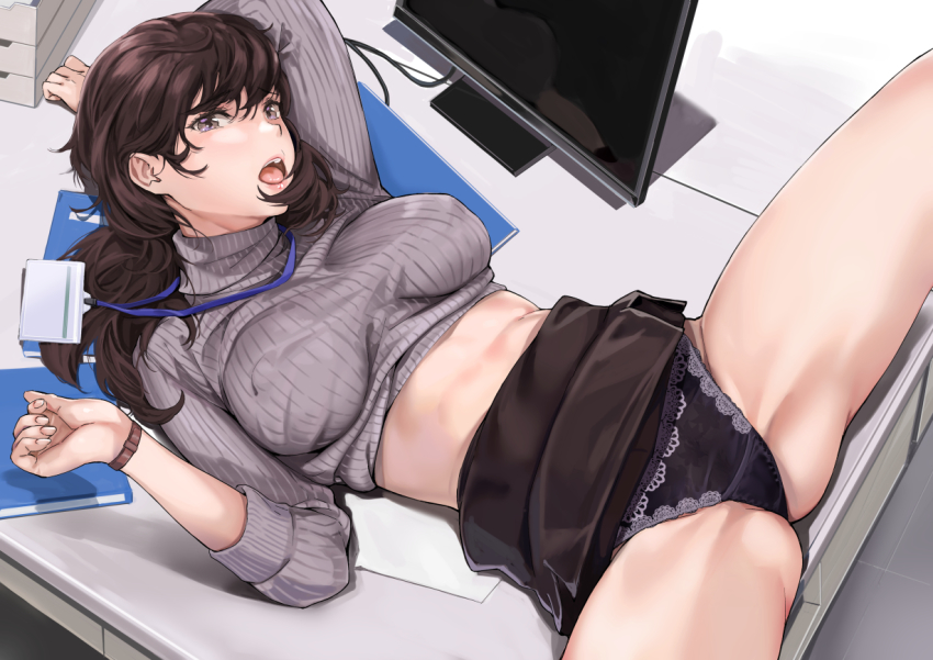 1girl, :o, arm_up, black_panties, black_skirt, book, brown_hair, clothes_lift, desk, grey_sweater, hair_between_eyes, indoors, lace_print, lanyard, light_blush, lipstick, long_hair, long_sleeves, lying, makeup, monitor, name_tag, office, office_lady, on_back, on_desk, open_mouth, original, panties, paper, purple_eyes, ribbed_sweater, skirt, skirt_lift, solo, spread_legs, sweater, sweater_lift, teeth, turtleneck, underwear, upper_teeth_only, watch, wristwatch, yamaishi_(mukoubuti)