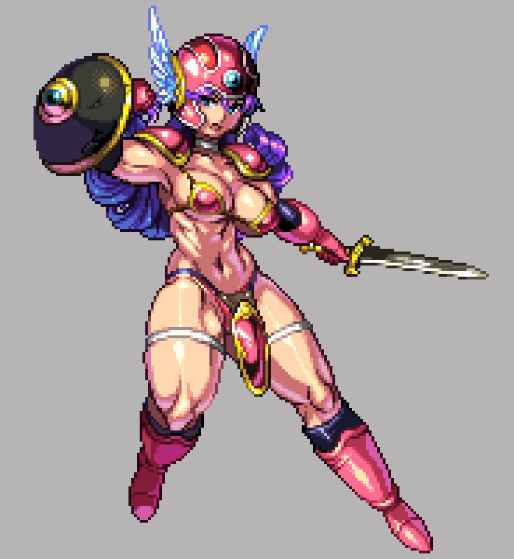 1girl, armor, breasts, dragon_quest, helmet, medium_breasts, muscular, navel, pixel_art, shield, warrior_(dq3), solo, sword, weapon, yumura_kino, yumurama