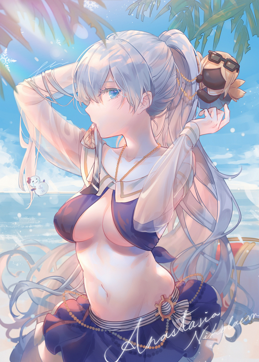 1girl, anastasia_(fate), anastasia_(swimsuit_archer)_(third_ascension)_(fate), az_(zero_glvimayhop), beach, bikini, bikini_skirt, blue_eyes