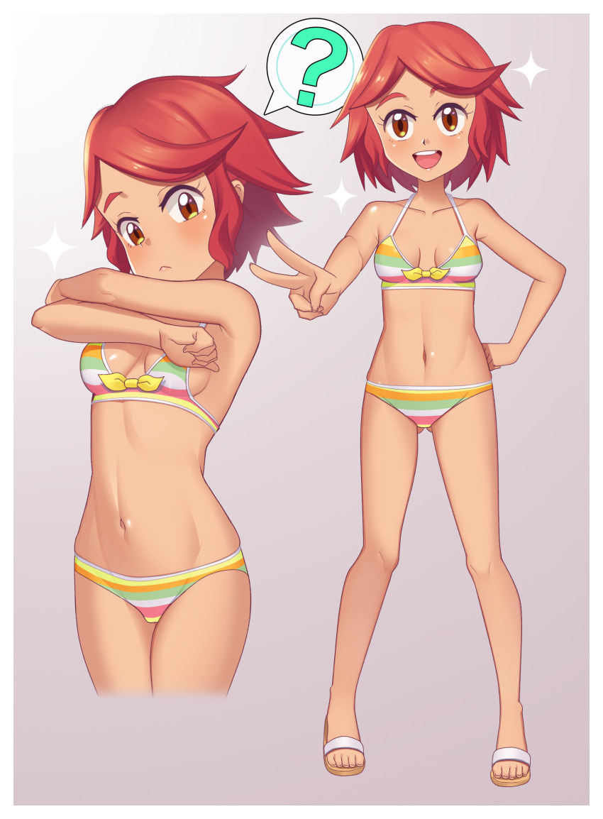1girl, :d, ?, absurdres, bikini, blush, border, breasts, brown_eyes, child, closed_mouth, collarbone, commentary, english_commentary, eyelashes, gazing_eye, gluteal_fold, grey_background, hand_on_own_hip, highres, knees, multiple_views, navel, nintendo, open_mouth, pokemon, pokemon_masters_ex, red_hair, sandals, smile, sparkle, spoken_question_mark, standing, striped_bikini, striped_clothes, swept_bangs, swimsuit, teeth, tina_(pokemon), toes, tongue, upper_teeth_only, v, white_border