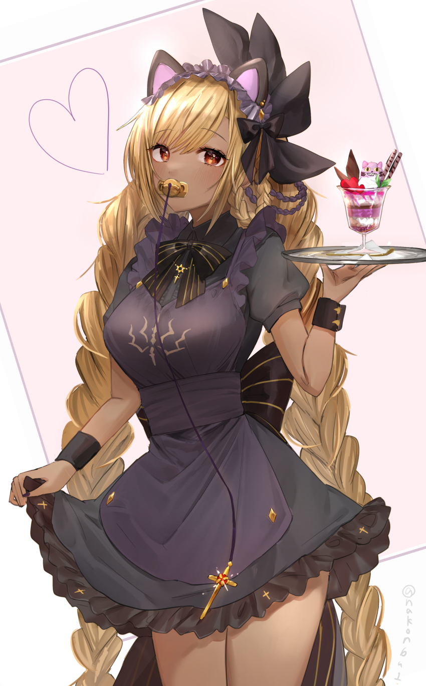 1girl, absurdres, alternate_costume, animal_ears, apron, black_dress, black_neckwear, black_ribbon
