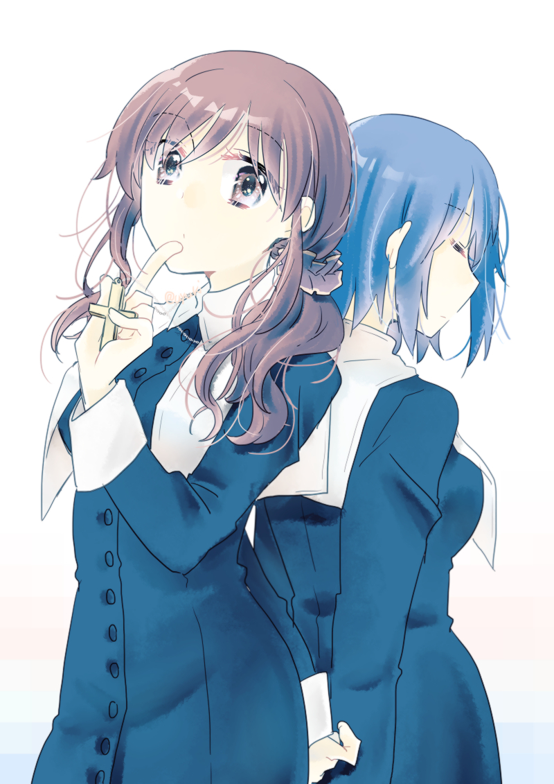 2girls, arm_behind_back, back, back-to-back, black_dress, blue_hair, breasts, brown_eyes
