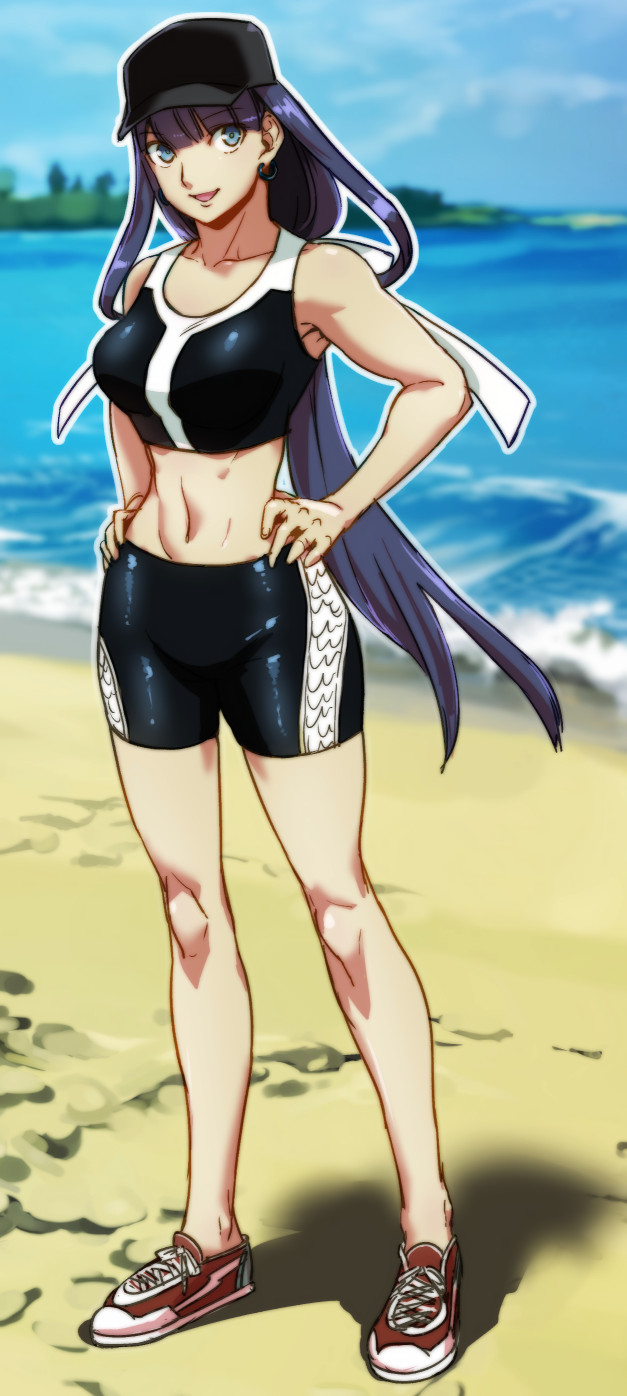 1girl, aoba_(smartbeat), baseball_cap, beach, black_hat, black_shorts, black_sports_bra, blue_eyes