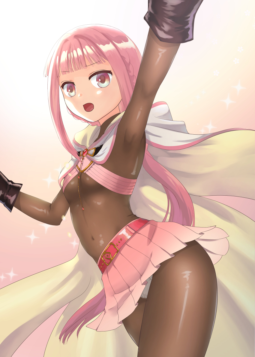1girl, absurdres, arm_up, armpits, belt, black_gloves, black_pantyhose, blunt_bangs