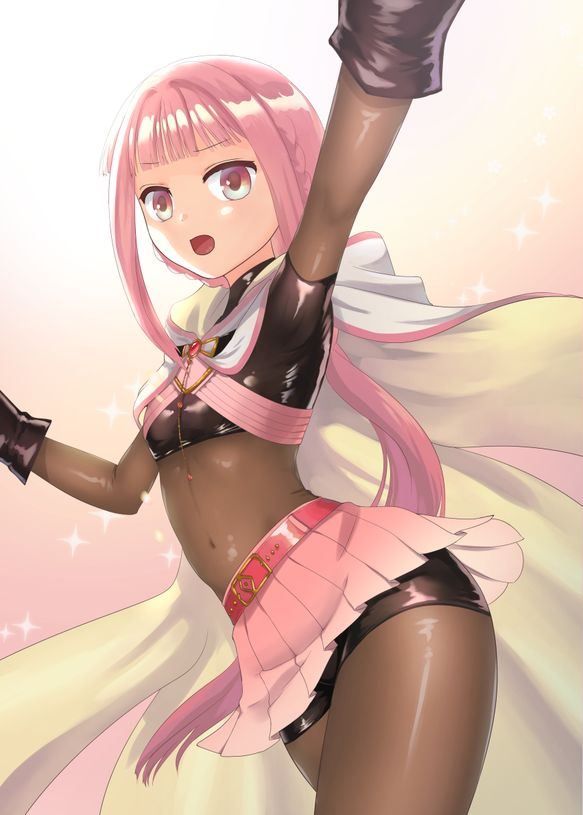 1girl, absurdres, arm_up, armpits, belt, bike_shorts, black_gloves, black_pantyhose, black_shirt, black_shorts, blunt_bangs, bodystocking, breasts, cloak, gloves, highres, hood, kakukau, long_hair, magia_record:_mahou_shoujo_madoka_magica_gaiden, mahou_shoujo_madoka_magica, miniskirt, navel, open_mouth, outstretched_arm, pantyhose, pink_background, pink_eyes, pink_hair, pink_skirt, ponytail, shirt, short_shorts, shorts, simple_background, skirt, small_breasts, solo, tamaki_iroha, thighs, white_cloak