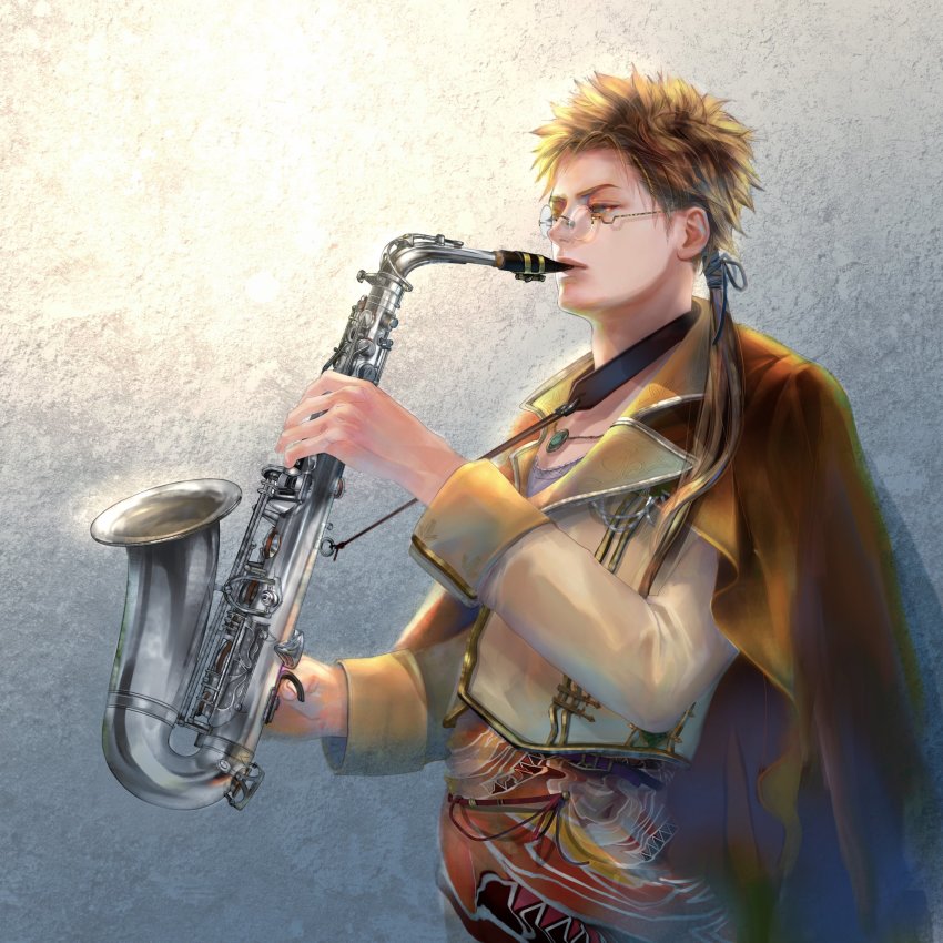 1boy, brown_hair, f25f, glasses, highres, instrument, male_focus, music, playing_instrument, romancing_saga_3, saga, saxophone, simple_background, solo, thomas_bent