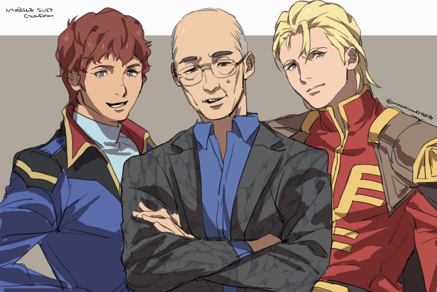 3boys, amuro_ray, blonde_hair, blue_eyes, blue_jacket, blue_shirt, brown_hair, char's_counterattack, char_aznable, collared_shirt, copyright_name, crossed_arms, glasses, gundam, highres, jacket, male_focus, military, military_uniform, mole, multiple_boys, old, old_man, open_mouth, real_life, red_jacket, ryukusou, shirt, smile, tomino_yoshiyuki, zeon