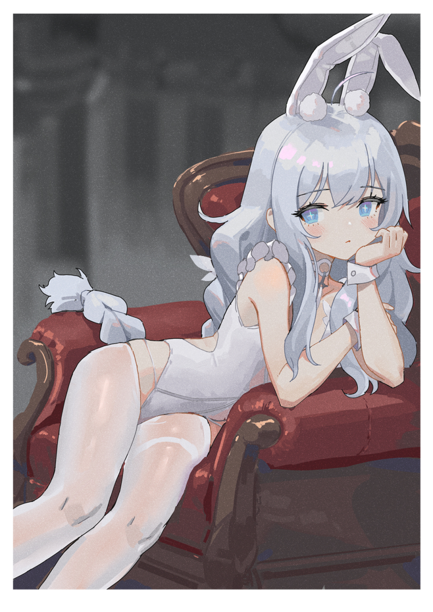 +_+, 1girl, ahoge, animal_ear_fluff, animal_ears, arm_support, armchair, azur_lane, blue_eyes, blush, braid, chair, chinese_commentary, closed_mouth, commentary_request, fake_animal_ears, hand_on_own_cheek, hand_on_own_face, highres, kemonomimi_mode, kiroly, le_malin_(azur_lane), le_malin_(listless_lapin)_(azur_lane), long_hair, low_twin_braids, official_alternate_costume, playboy_bunny, rabbit_ears, sidelocks, silver_hair, sitting, solo, thigh_strap, thighhighs, twin_braids, very_long_hair, white_thighhighs, wrist_cuffs