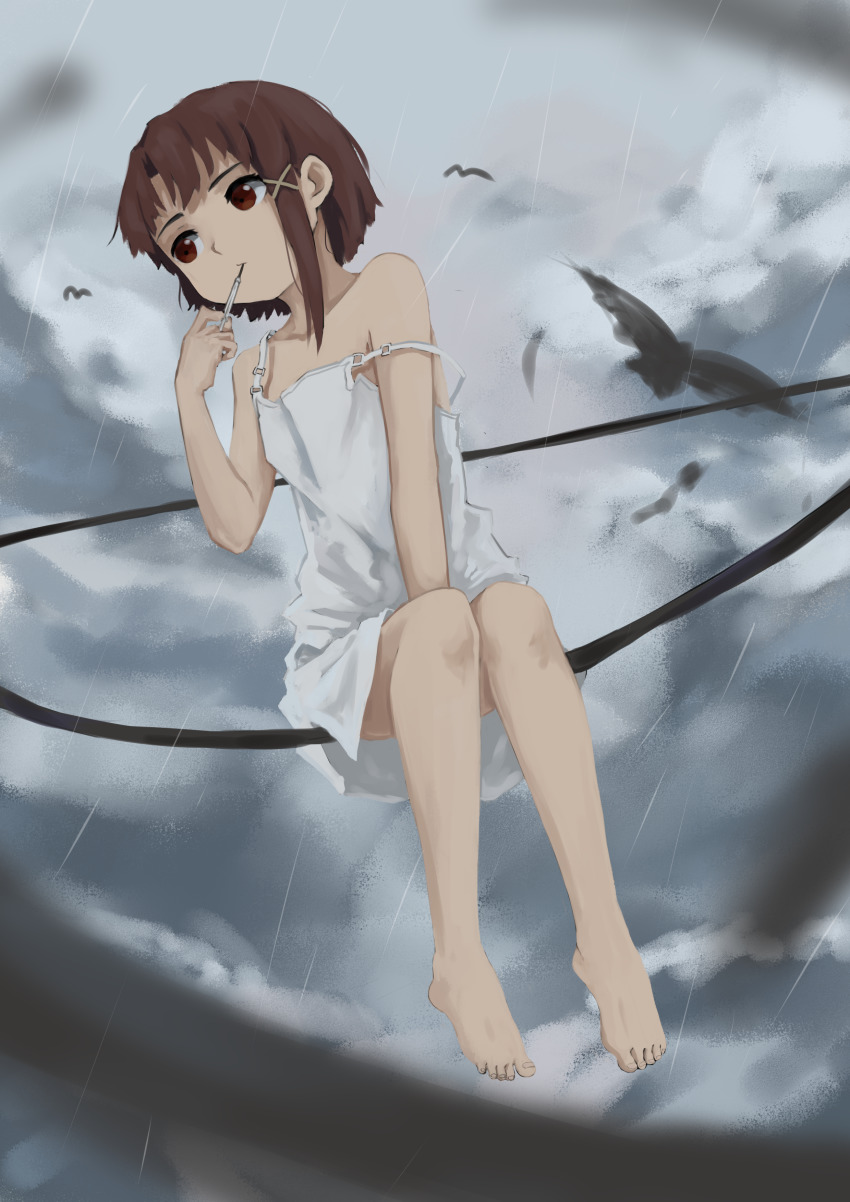 1girl, absurdres, asymmetrical_hair, bad_id, bad_pixiv_id, barefoot, bird, brown_eyes, brown_hair, cable, closed_mouth, cloud, dress, feet, hair_ornament, hairclip, highres, iwakura_lain, pan_(ryu), serial_experiments_lain, short_hair, sitting, sleeveless, solo, sundress, white_dress, x_hair_ornament