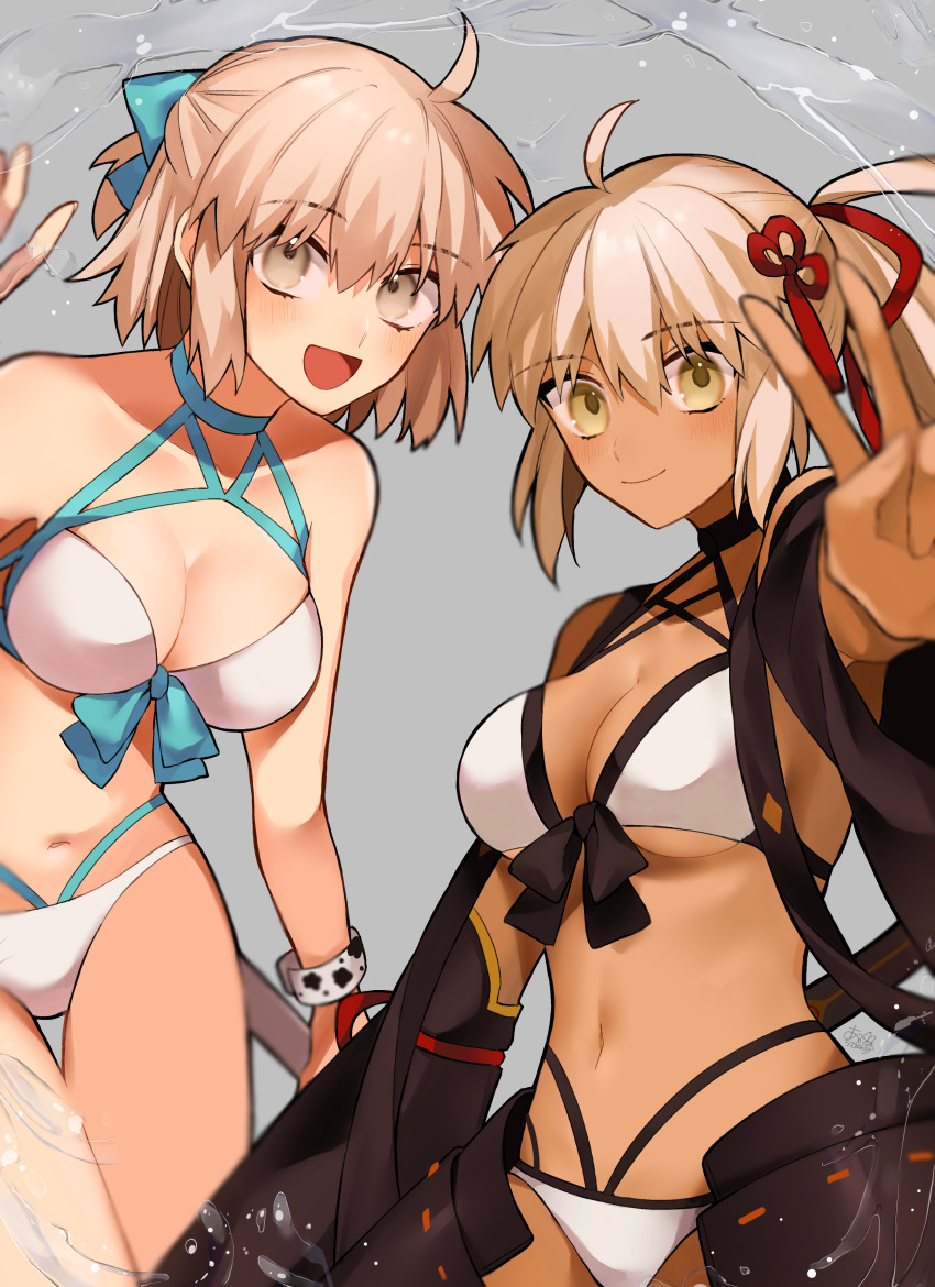 2girls, absurdres, ahoge, aqua_bow, bare_shoulders, bikini, blonde_hair, blush