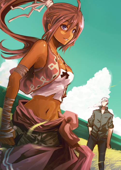 00s, 1boy, 1girl, bad_id, bad_pixiv_id, dark_skin, enlike_bishile, midriff, noloty, noloty_malche, ochakai_shin'ya, ponytail, ribbon, tatakau_shisho, zatoh, zatoh_rondohoon