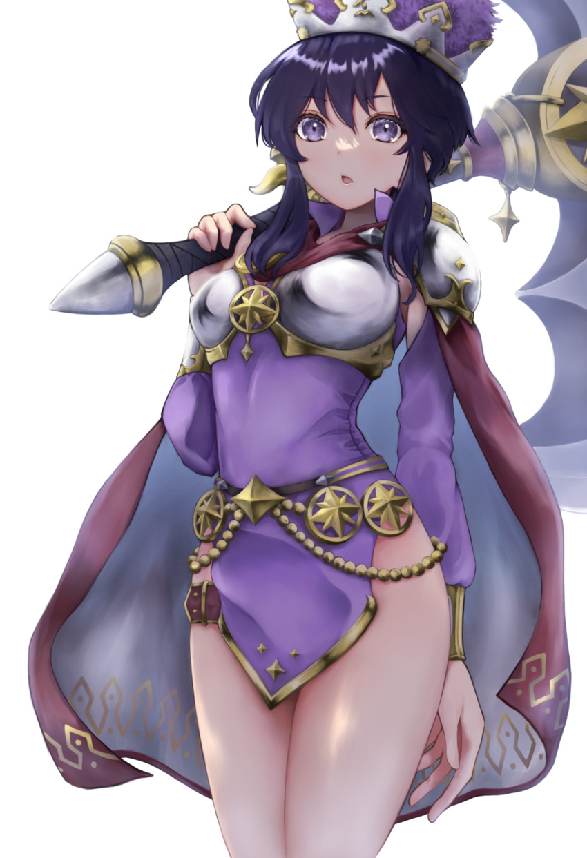1girl, absurdres, armor, axe, battle_axe, belt, black_hair, breastplate, cape, dress, fire_emblem, fire_emblem:_genealogy_of_the_holy_war, fire_emblem_heroes, hat, highres, holding, holding_axe, holding_weapon, howaito_gyuunyuu, larcei_(fire_emblem), larcei_(scion)_(fire_emblem), long_sleeves, looking_at_viewer, nintendo, official_alternate_costume, open_mouth, over_shoulder, purple_dress, purple_eyes, short_dress, short_hair, shoulder_armor, sidelocks, solo, thigh_strap, thighs, weapon, white_background