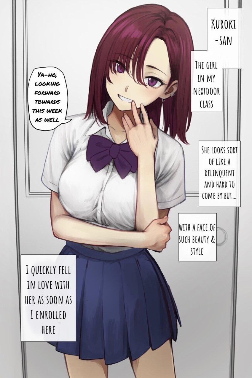 1girl, bow, bowtie, commentary, earrings, english_commentary, english_text, hand_to_own_mouth, hard-translated, highres, jewelry, medium_hair, original, potato_iida, school_uniform, skirt, smile, speech_bubble, tagme, text_focus, third-party_edit, translated