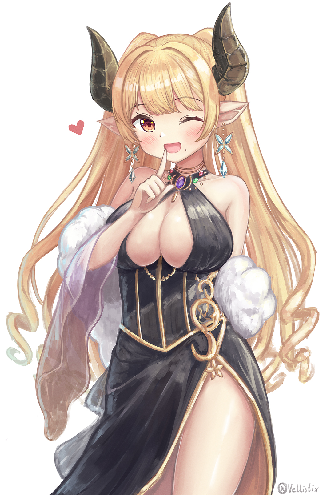 1girl, :d, alba_(granblue_fantasy), bare_shoulders, black_dress, blonde_hair, blush, breasts, brooch, choker, cleavage, draph, dress, drill_hair, earrings, finger_to_mouth, gold_trim, granblue_fantasy, heart, highres, horns, jewelry, large_breasts, long_hair, looking_at_viewer, mole, mole_under_mouth, one_eye_closed, open_mouth, orange_eyes, pointy_ears, side_slit, sleeveless, sleeveless_dress, smile, solo, stole, twitter_username, vellistix, very_long_hair, white_background