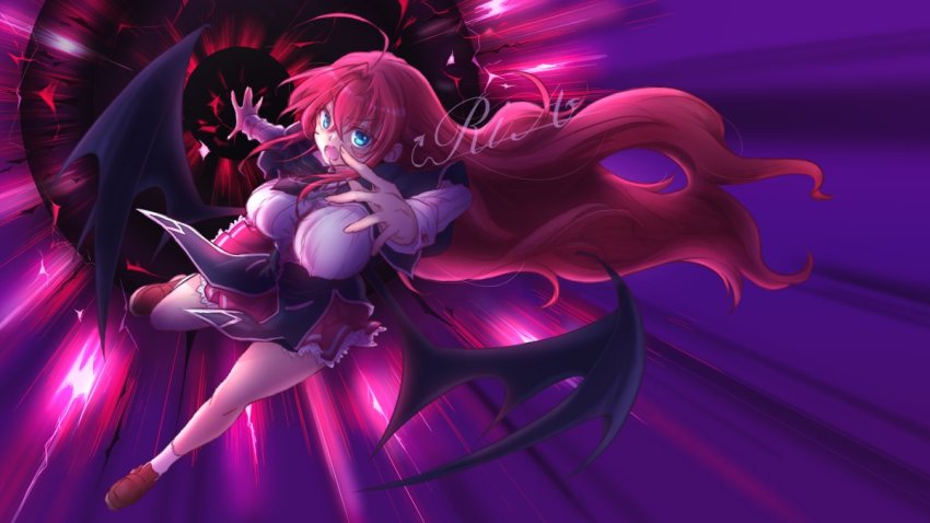 1girl, blue_eyes, breasts, demon_girl, demon_wings, high_school_dxd, long_hair, red_hair