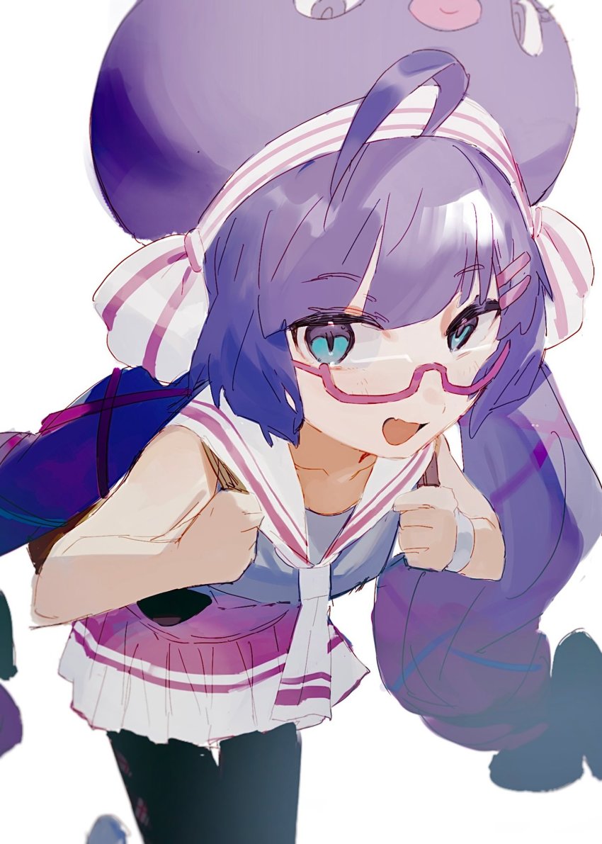 1girl, ahoge, bare_shoulders, bent_over, black_legwear, blue_eyes, blue_shirt, clenched_hands