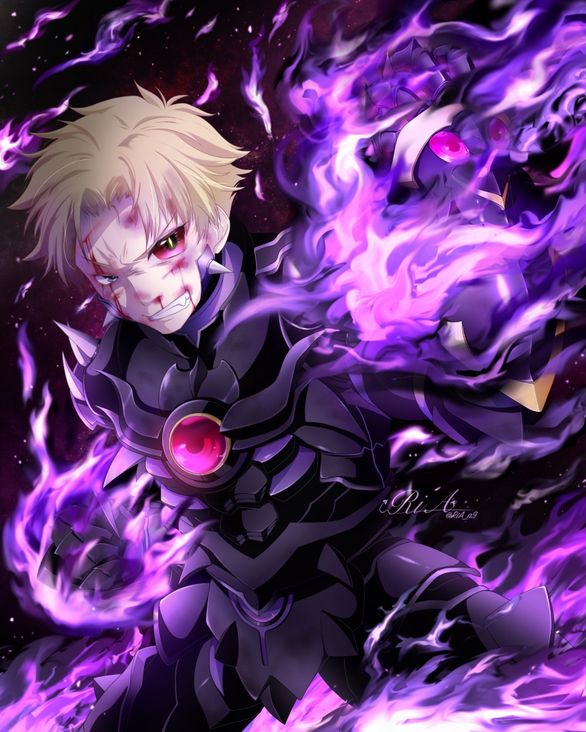 1boy, armor, blood, blood_on_face, fire, high_school_dxd, highres, magic, ria_a9, saji_genshirou