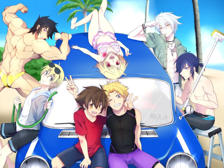 6+boys, cao_cao_(high_school_dxd), car, car_wash, gasper_vladi, glasses, happy, high_school_dxd