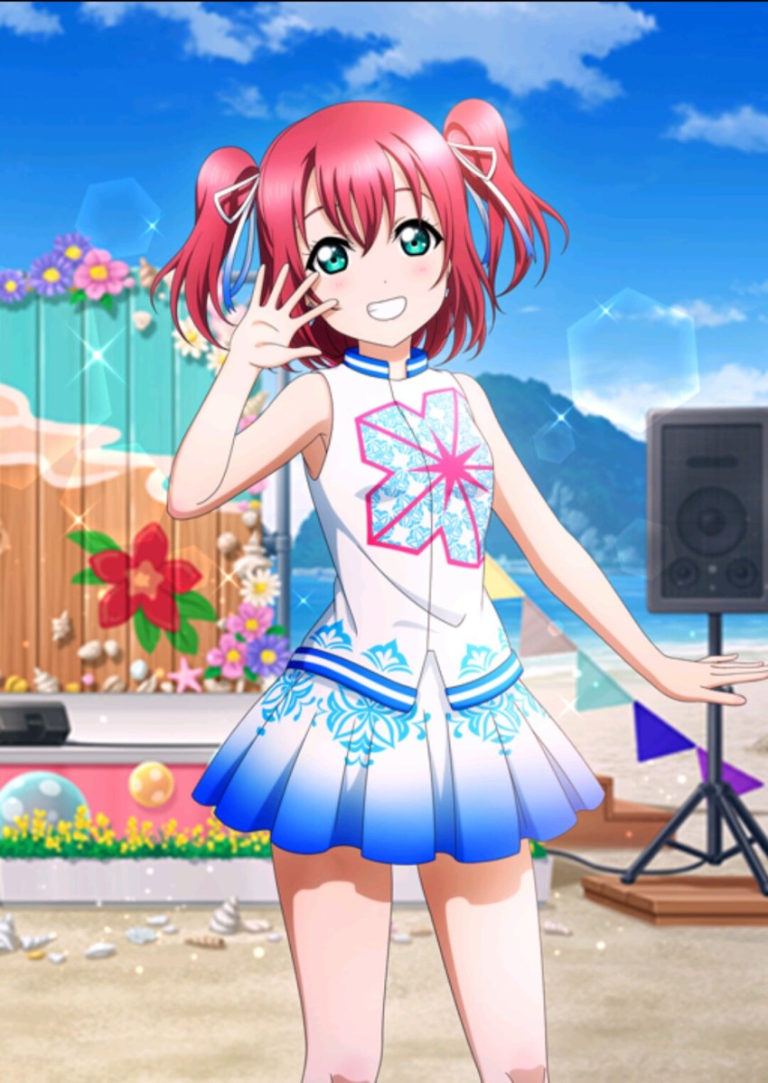 1girl, aqua_eyes, artist_name, artist_request, bare_legs, beach, blue_skirt, blue_sky