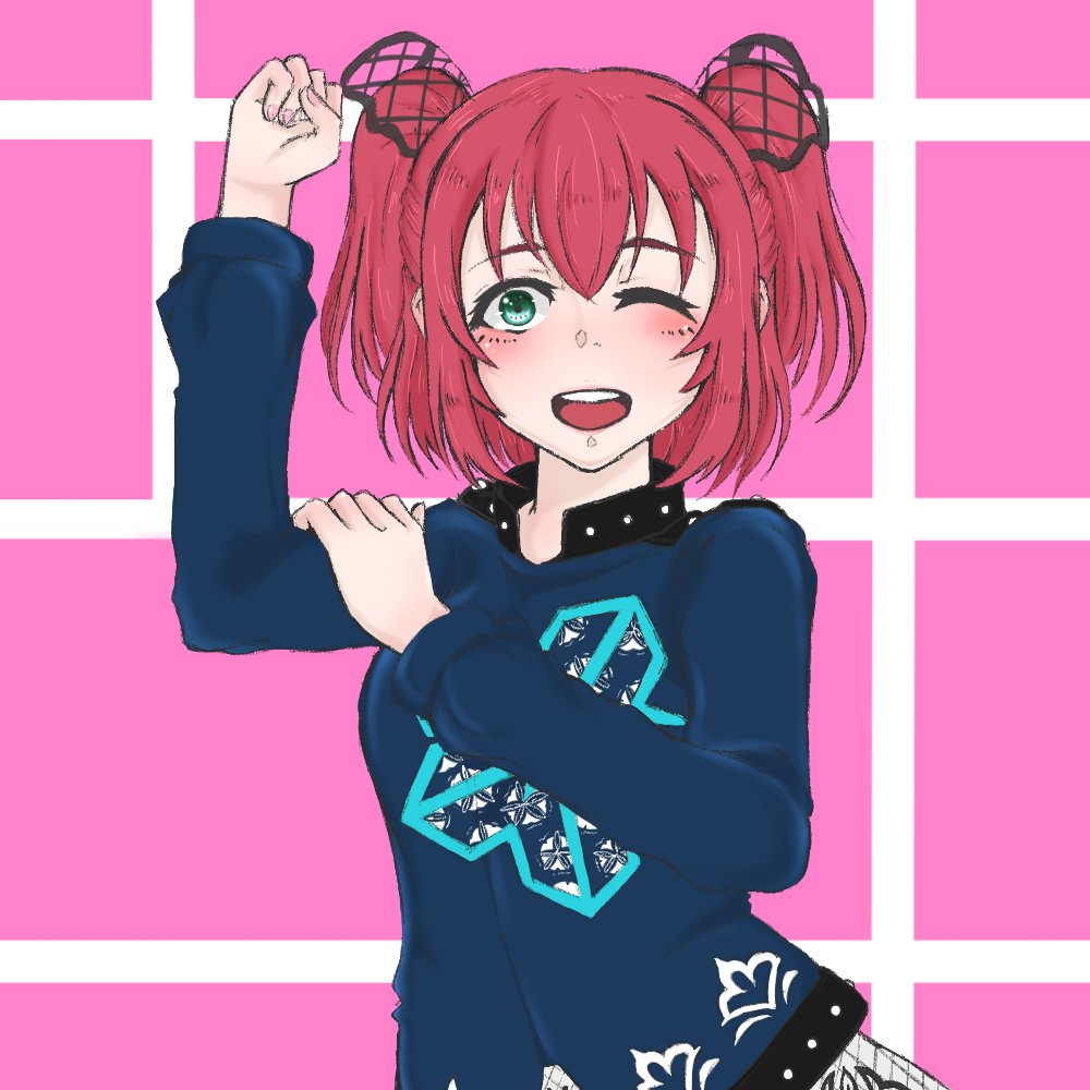 1girl, ;), aqua_eyes, artist_name, artist_request, blue_shirt, blush, breasts