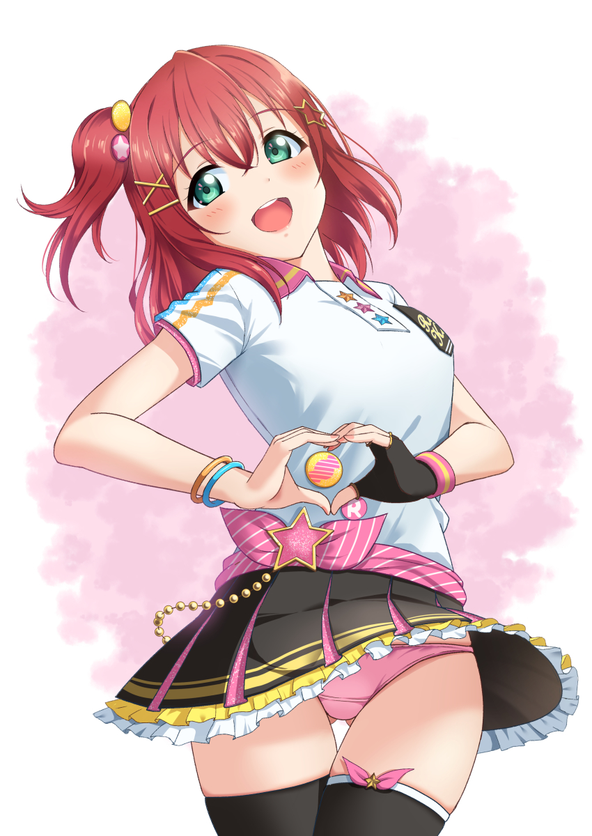 1girl, absurdres, alternate_hairstyle, aqua_eyes, artist_name, black_gloves, black_skirt, black_thighhighs, blush, bow, bow_legwear, bracelet, braveheart_coaster, braveheart_coaster_(love_live!), breasts, clothes_writing, collarbone, collared_shirt, cyaron!_(love_live!), earrings, female_focus, fingerless_gloves, floating_hair, frilled_skirt, frills, gloves, green_eyes, hair_between_eyes, hair_bobbles, hair_ornament, hairclip, heart, heart_hands, highres, jewelry, kurosawa_ruby, looking_at_viewer, love_live!, love_live!_school_idol_festival, love_live!_sunshine!!, miniskirt, nail_(hardware), nail_polish, oku_1225, panties, parted_lips, pink_bow, pink_nails, pink_panties, plaid_clothes, plaid_skirt, pleated, pleated_skirt, ponytail, red_hair, shirt, short_hair, short_sleeves, side_ponytail, single_fingerless_glove, single_glove, skirt, small_breasts, smile, solo, star_(symbol), star_earrings, star_hair_ornament, thighhighs, underwear, upskirt, white_background, white_shirt, wing_collar, x_hair_ornament