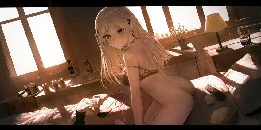 1girl, absurdres, ah_(pixiv62888100), ass, back, bed, black_bra, blonde_hair
