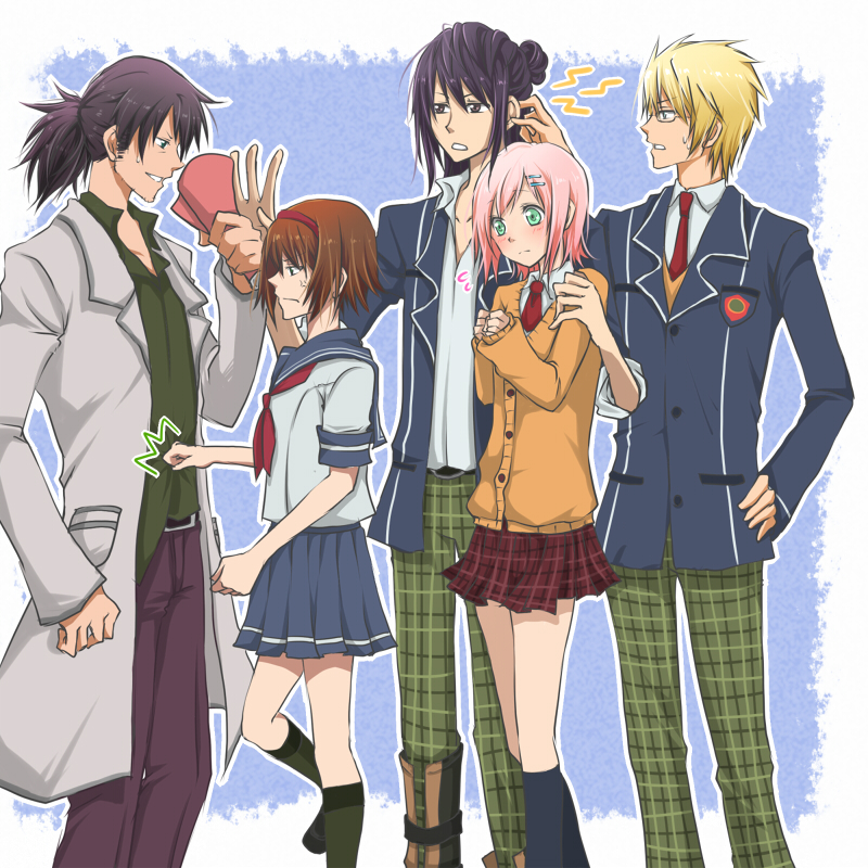 00s, 2girls, 3boys, alternate_costume, ayatsuji_mia, bad_id, bad_pixiv_id, black_eyes