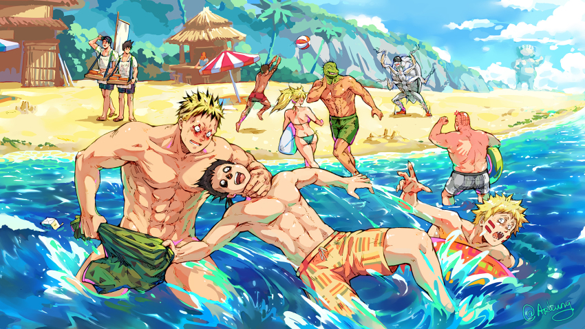 1girl, 6+boys, alternate_costume, arkuny, arthropod_boy, ass, ball, beach