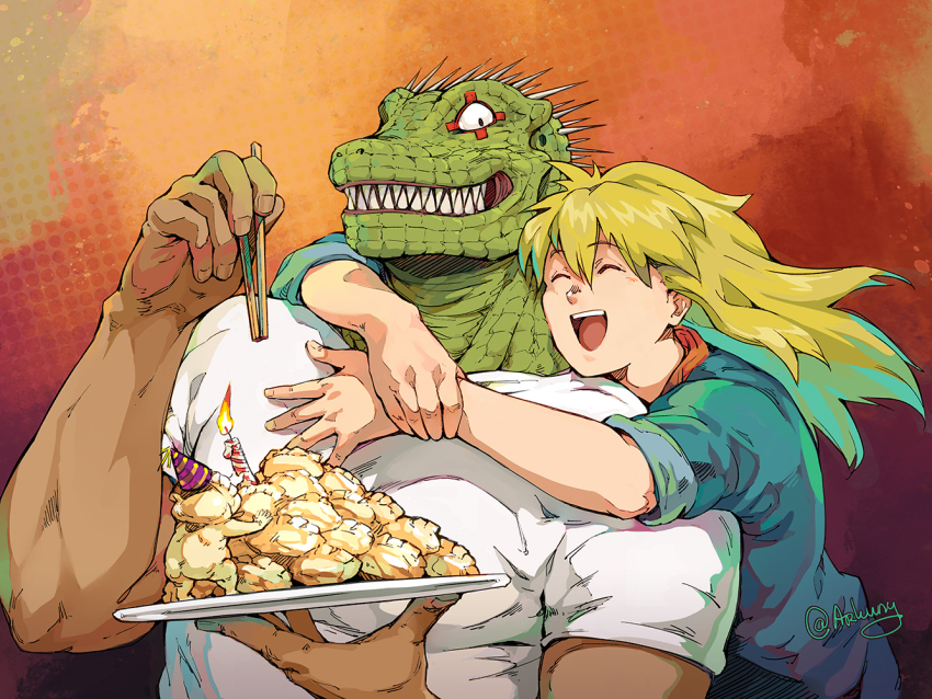 1boy, 1girl, :d, arkuny, caiman_(dorohedoro), candle, chopsticks, couple