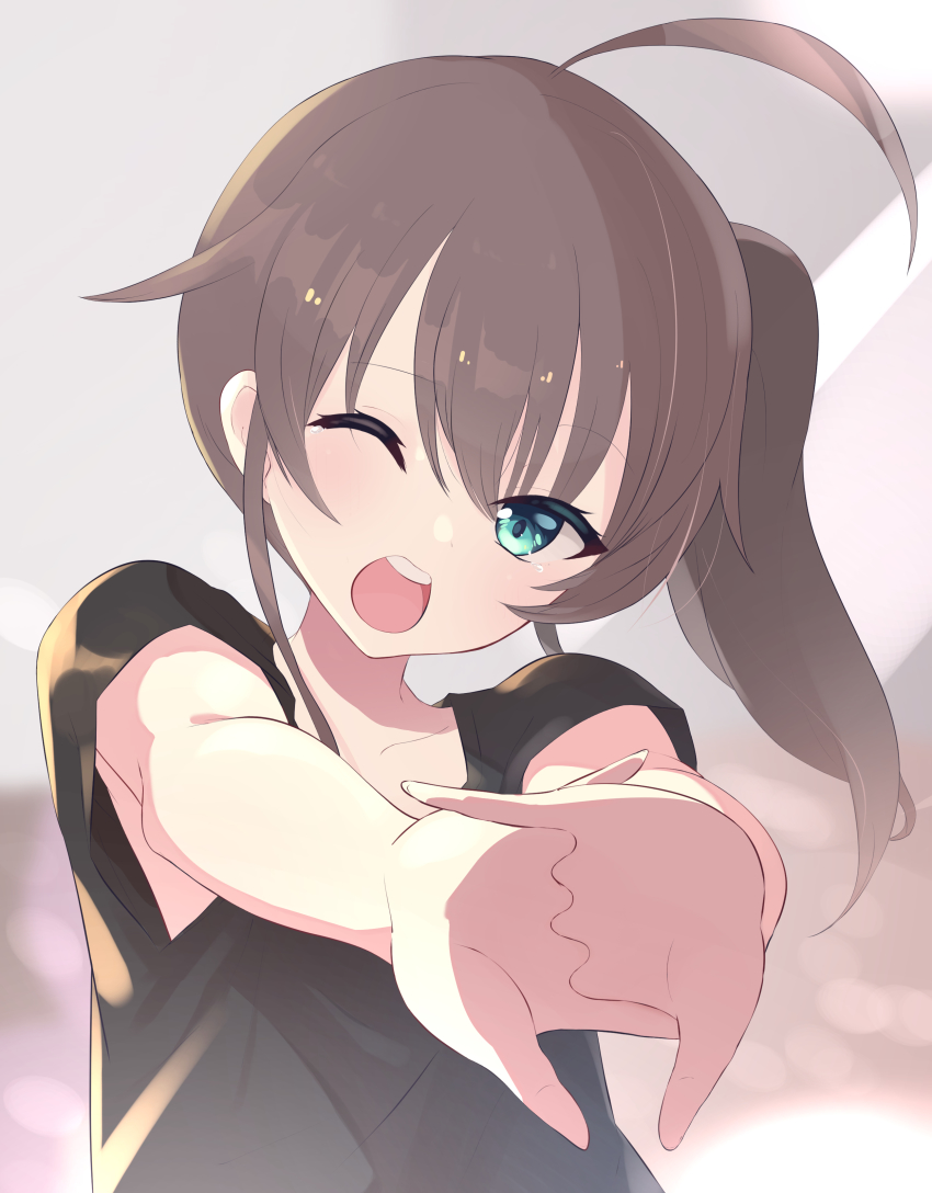 1girl, absurdres, ahoge, black_shirt, blue_eyes, brown_hair, collarless_shirt, hair_between_eyes