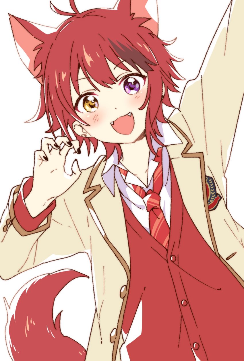 1boy, :d, ahoge, animal_ears, dog_boy, dog_ears, fang, heterochromia