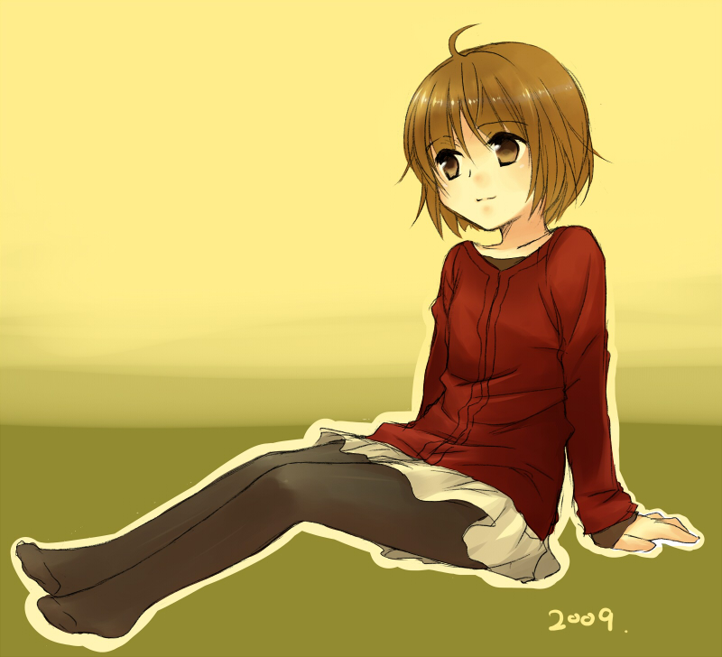 arm_support, brown_hair, feet, kanae_funwa, legs, pantyhose, short_hair, sitting