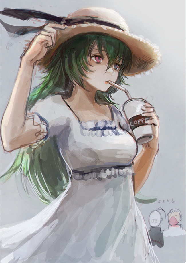 1girl, blue_eyes, breasts, brown_headwear, coffee, cup, disposable_cup, dress, eto_(tokyo_ghoul), green_hair, grey_background, hair_between_eyes, hat, heterochromia, holding, holding_cup, long_hair, medium_breasts, medium_dress, noro_(tokyo_ghoul), red_eyes, short_sleeves, simple_background, sketch, straw_like, sundress, tatara_(tokyo_ghoul), tokyo_ghoul, translation_request, white_dress