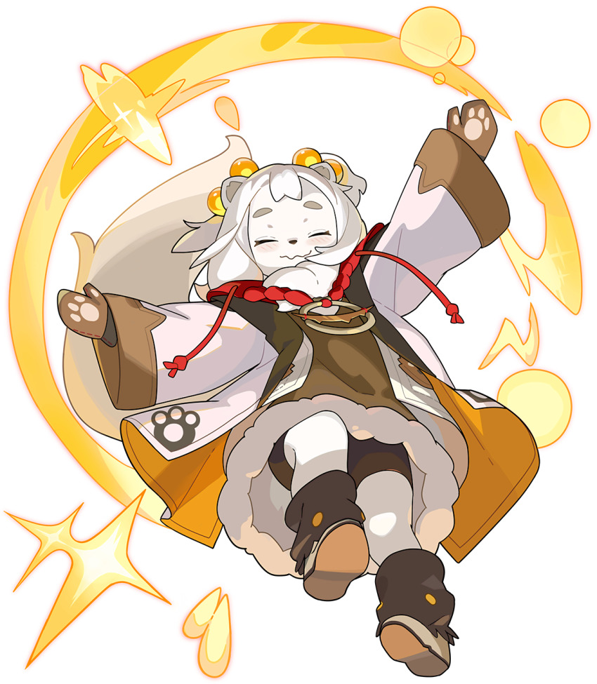 1girl, ^_^, animal_ears, animal_nose, arms_up, artist_request, aura, bike_shorts