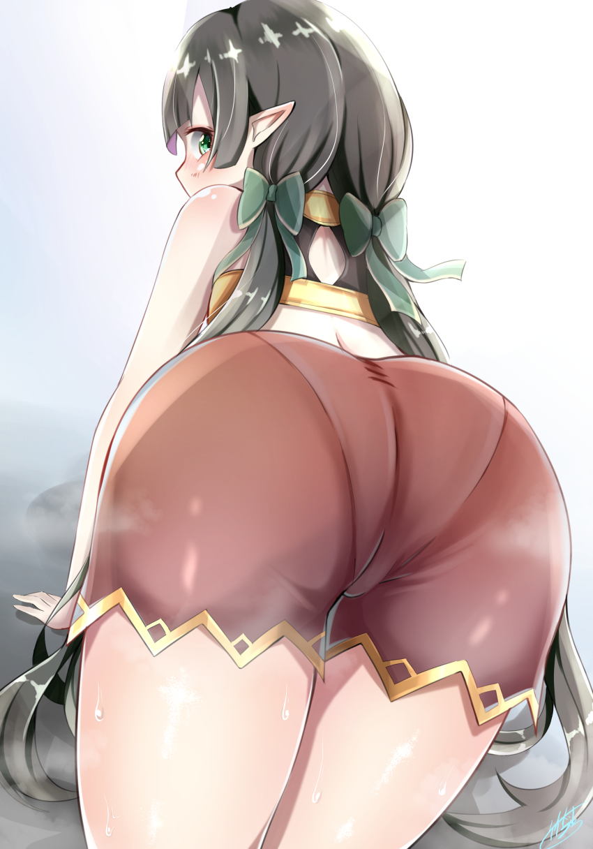 1girl, absurdres, ass, ayumi_(princess_connect!), elf, green_eyes, highres, looking_at_viewer, pointy_ears, princess_connect!, takemura_kou, twintails