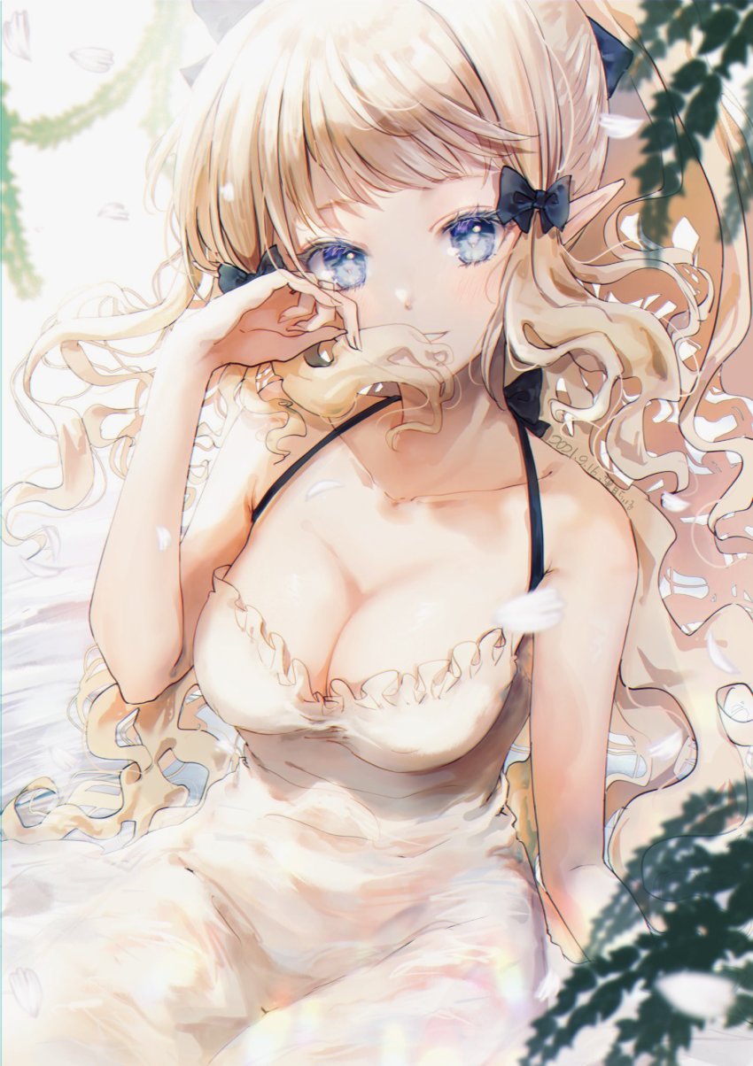 1girl, blonde_hair, blue_eyes, blush, breasts, elf, highres, large_breasts