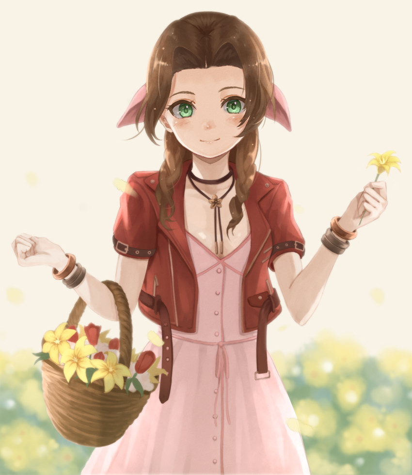 1girl, aerith_gainsborough, basket, black_choker, black_neckwear, blurry, blurry_background, bolo_tie