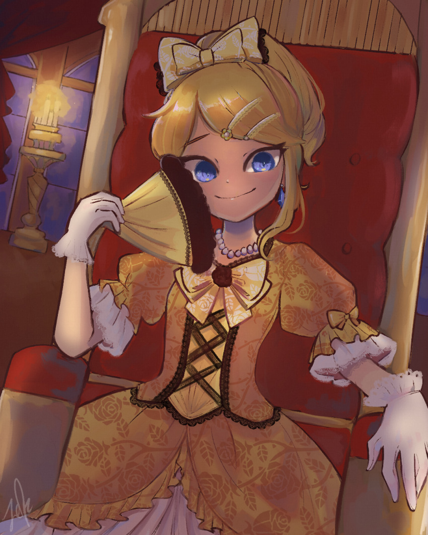 1girl, aku_no_musume_(vocaloid), blonde_hair, blue_eyes, bow, candle, commentary, dress, dress_bow, dutch_angle, earrings, elbow_rest, evillious_nendaiki, floral_print, flower, frilled_gloves, frills, gloves, hair_ornament, hairclip, hand_fan, highres, holding, holding_fan, jewelry, kagamine_rin, lcfz, necklace, on_throne, pearl_necklace, riliane_lucifen_d'autriche, rose, rose_print, short_sleeves, smile, solo, throne, throne_room, tsurime, updo, vocaloid, white_gloves, window, yellow_dress