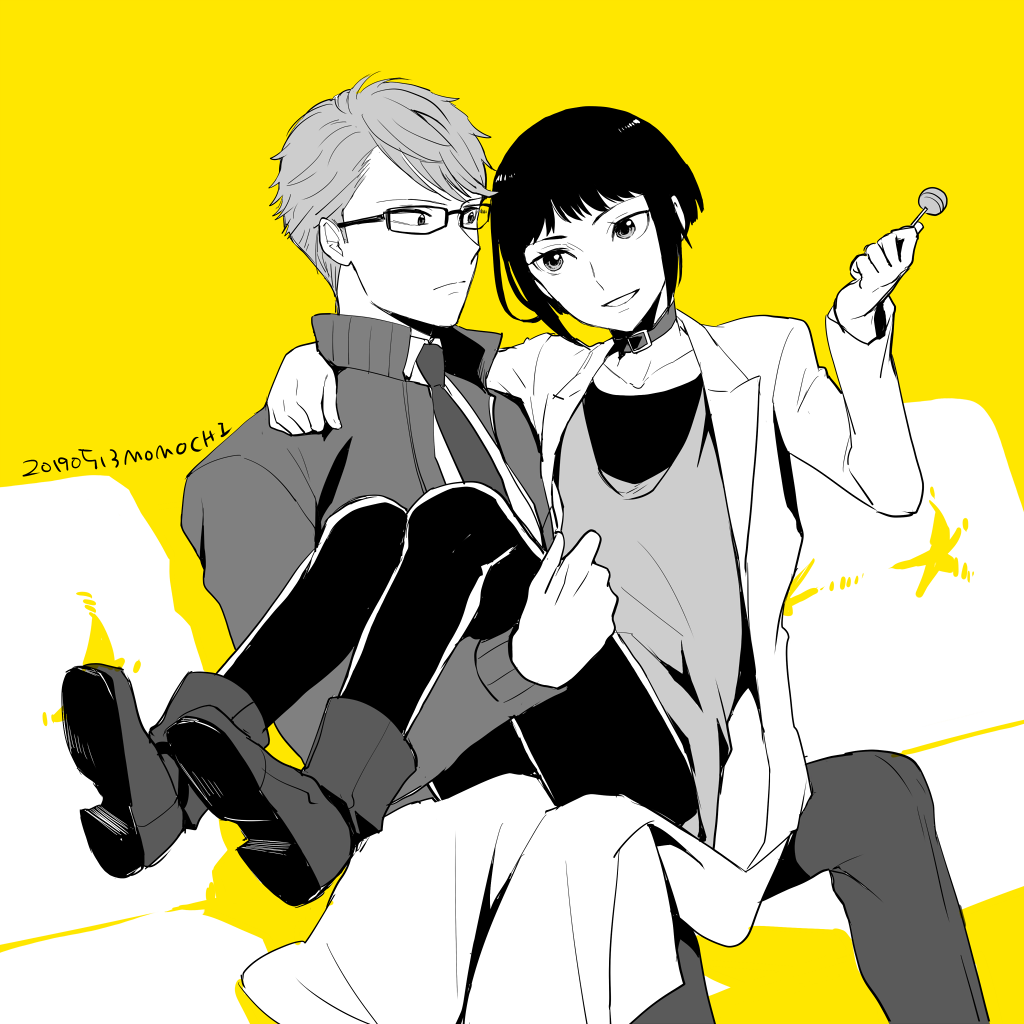 2boys, arm_around_neck, black-framed_eyewear, black_hair, black_legwear, candy, carrying, choker, dated, food, glasses, hamanoyutori, himezuka_theo, lab_coat, lollipop, long_sleeves, looking_at_another, mayonaka_no_occult_koumuin, multiple_boys, necktie, princess_carry, sakaki_kyouichi, short_hair, sitting, smile, yaoi, yellow_background, yellow_theme
