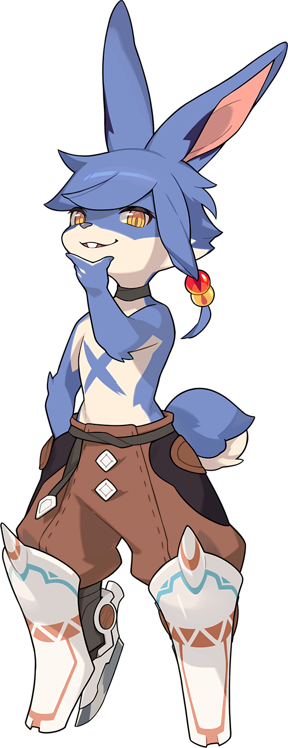 1boy, :3, animal_nose, artist_request, belt, black_choker, blade, blue_fur, blue_hair, body_fur, boots, brown_boots, brown_pants, buck_teeth, child, choker, cody_(world_flipper), full_body, furry, furry_male, hair_bobbles, hair_ornament, hand_in_pocket, hand_on_own_chin, hand_up, happy, highres, looking_at_viewer, male_focus, non-web_source, official_art, open_mouth, orange_eyes, pants, rabbit_boy, rabbit_ears, rabbit_tail, shin_guards, shoe_blade, short_hair, simple_background, smile, solo, standing, stroking_own_chin, swept_bangs, teeth, topless_male, transparent_background, two-tone_fur, white_fur, world_flipper