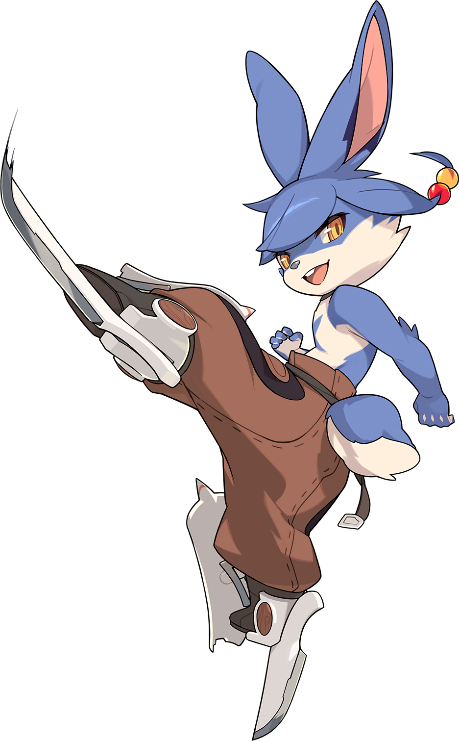 1boy, :3, animal_nose, artist_request, belt, black_choker, blade, blue_fur, blue_hair, body_fur, boots, brown_boots, brown_pants, buck_teeth, child, choker, clenched_hands, cody_(world_flipper), from_side, full_body, furry, furry_male, hair_bobbles, hair_ornament, hand_up, happy, highres, jumping, kicking, leg_up, looking_at_viewer, male_focus, non-web_source, official_art, open_mouth, orange_eyes, pants, rabbit_boy, rabbit_ears, rabbit_tail, shin_guards, shoe_blade, short_hair, simple_background, smile, solo, spread_legs, swept_bangs, teeth, topless_male, transparent_background, two-tone_fur, white_fur, world_flipper